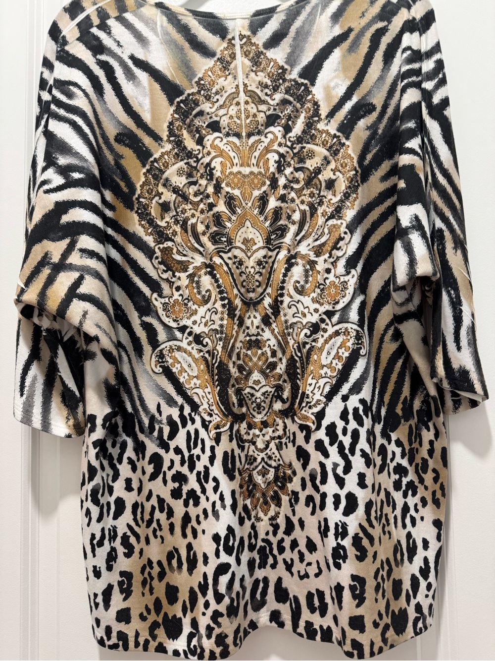 REBA “ Women's Animal-Print 3/4 Sleeve Top in Black, White & Gold